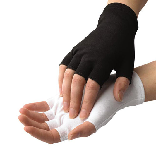 A person wearing a black and white  half-finger nylon glove with reinforced sewing, designed for musicians. Pair of Dinkles nylon half-finger gloves in black, open-tipped design with seamless palm reinforcement and elastic wrist band for secure fit
