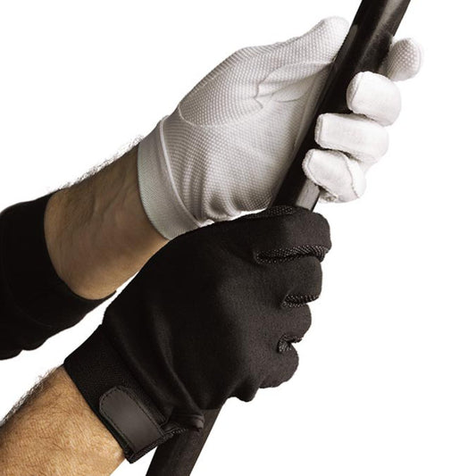 A person wearing black and white hook-and-loop sure grip gloves holding a baton.Pair of Dinkles Velcro Sure‑Grip gloves in black nylon, featuring full-finger coverage, palm-side Velcro strap at wrist for adjustable fit, and reinforced palm grip patches