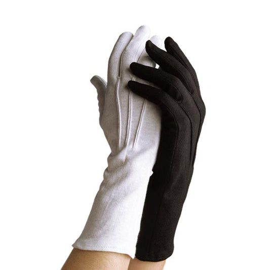 Close-up of back of Dinkles cotton glove highlighting smooth cotton knit across knuckles and long wrist coverage with elastic wrist seam in black or white