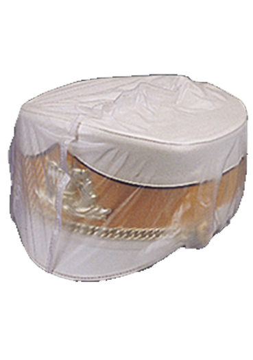 Side view of DeMoulin shako cover showing snug fit over hat crown, chrome trim reflecting light, and elastic base, highlighting protective, form-fitting design