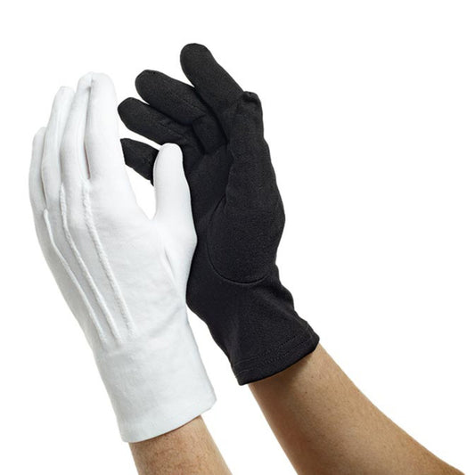 Pair of Dinkles full-finger nylon stretch gloves in black and white, worn with fingers extended and ribbed back detailing, designed for comfortable fit and uniform appearance.