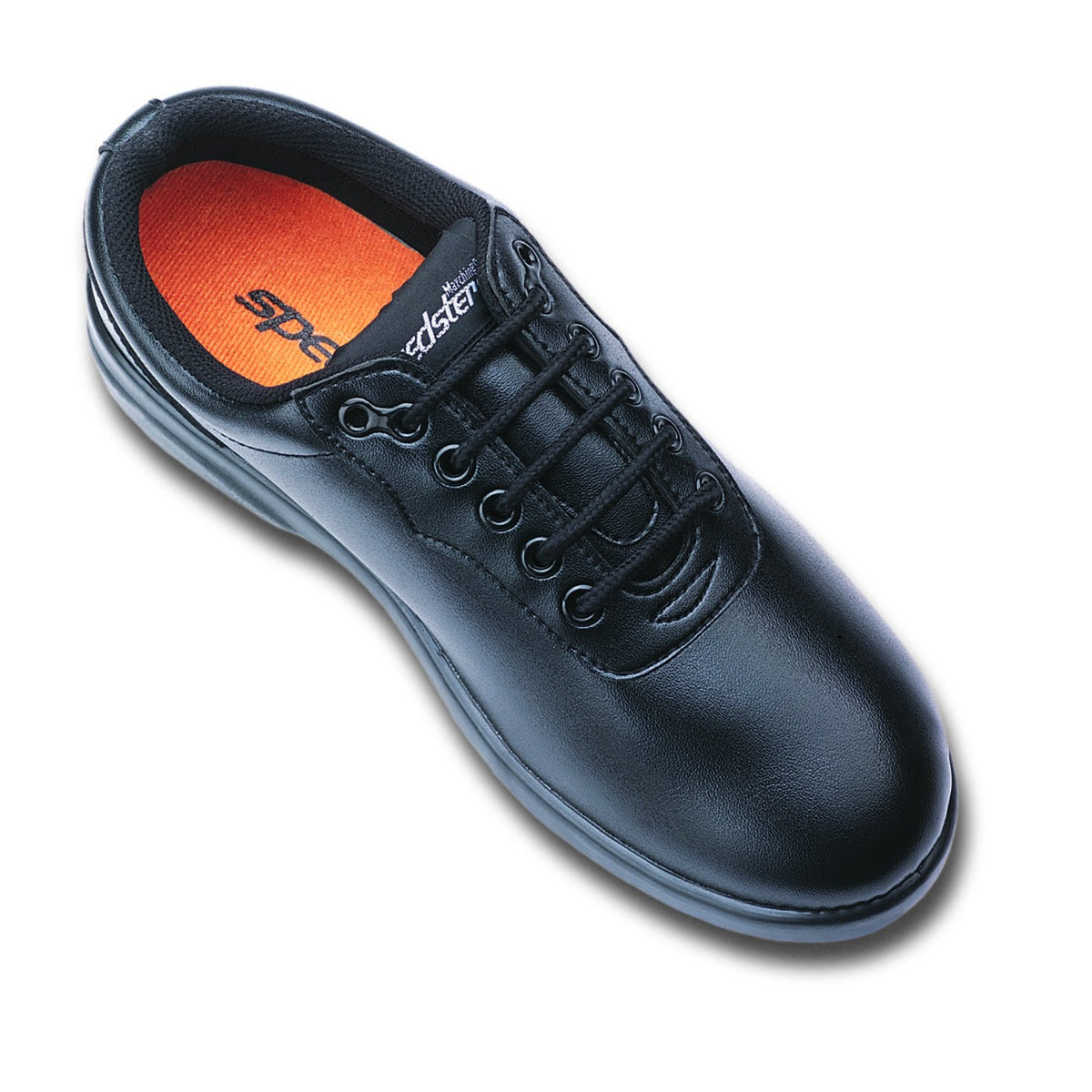 Speedsters marching shoe in black vinyl featuring low-profile lace-up oxford styling, padded tongue and collar, and durable high-traction outsole with pivot disc for secure drill performance. Available in white