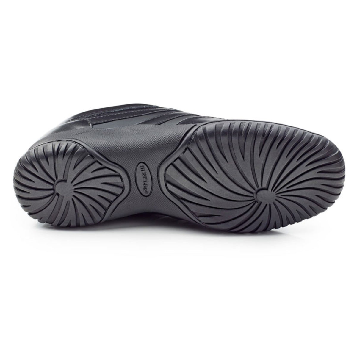 Sole view of Dinkles Spin showing smooth rubber split‑sole with pivot circle and segmented flex grooves for fluid spins and high-impact performance.