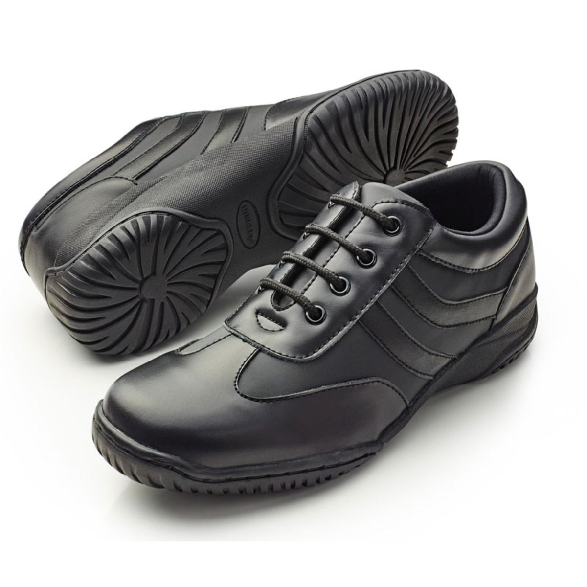 Dinkles Spin color guard shoe in black synthetic upper with split‑sole, lightweight mesh panels, lace‑up closure, padded collar, and flexible dance sole