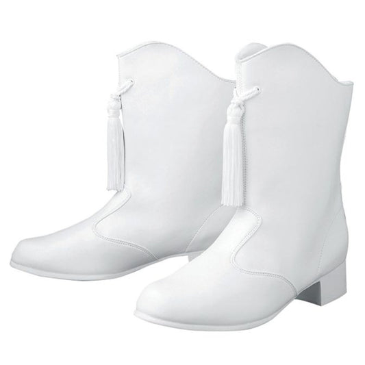 A white majorette boot with comfort and style. • Slip-resistant (TPR) Rubber Soles to prevent slips and falls. • Soft vinyl upper just wipes clean. • Heel is proper height and can accept cleats. • Non-marking soles will not make ugly black scrape marks. • Non-pilling inside collar material. • Extra cushion in heel area for miles of comfortable marching.