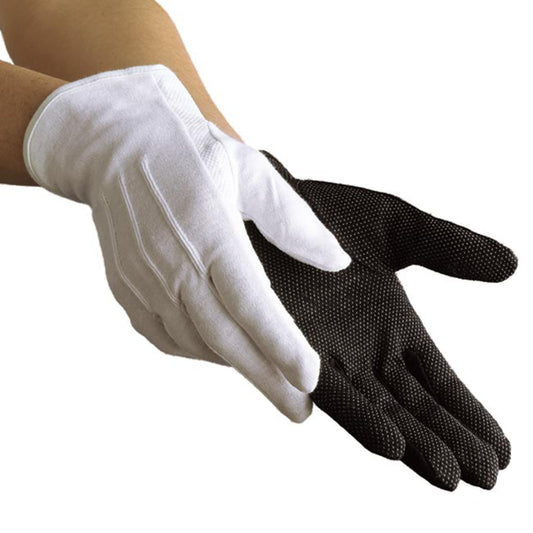 Pair of Dinkles Sure‑Grip gloves in black or white nylon, featuring full‑finger design, elastic wrist cuff, and palm-side textured grip zone for enhanced handling.