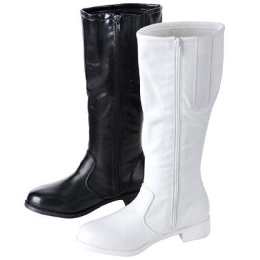 Gotham Dallas Team Boots in black and white soft vinyl, knee‑high with inside zipper, cushioned footbed, and low block heel—ideal for majorette and color guard