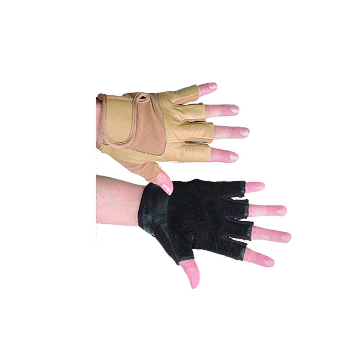 Pair of Talon fingerless nylon gloves in blackor nude, with cut-away fingertips, reinforced padded palm, and elastic wrist cuff for secure and flexible usePalm-side view of Talon gloves showing stitched padding across palm and base of fingers, open fingertips, and smooth nylon construction.