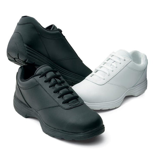 Dinkles Edge marching band shoe in black/white polished vinyl with lace-up oxford styling, padded collar, and low-profile rubber heel—designed for precision parade and field performance.