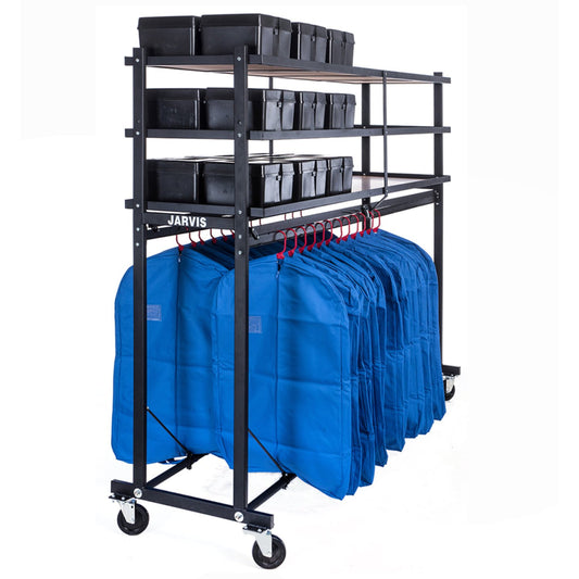 Black Jarvis Uniform & Hat Mover with three tiers of shelves, upper bars holding 24 garment bags each side, and top shelf packed with plastic hat boxes—4 swivel casters for mobility