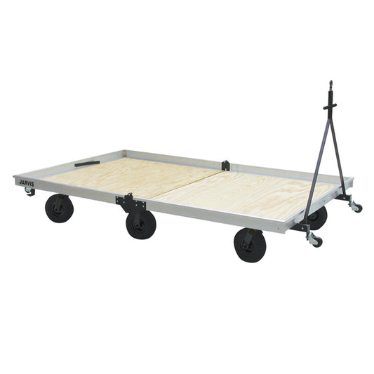 Empty Jarvis utility wagon angled view showing flat rectangular deck, steel side rails, mesh storage pockets on exterior, and wheel assembly—ready for hauling instruments on campus or field.