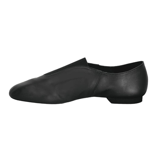 Value Jazz split-sole guard shoe in black full-grain leather, laceless elastic upper, sewn sole, rubber traction pad and EVA heel built for flexible turn support