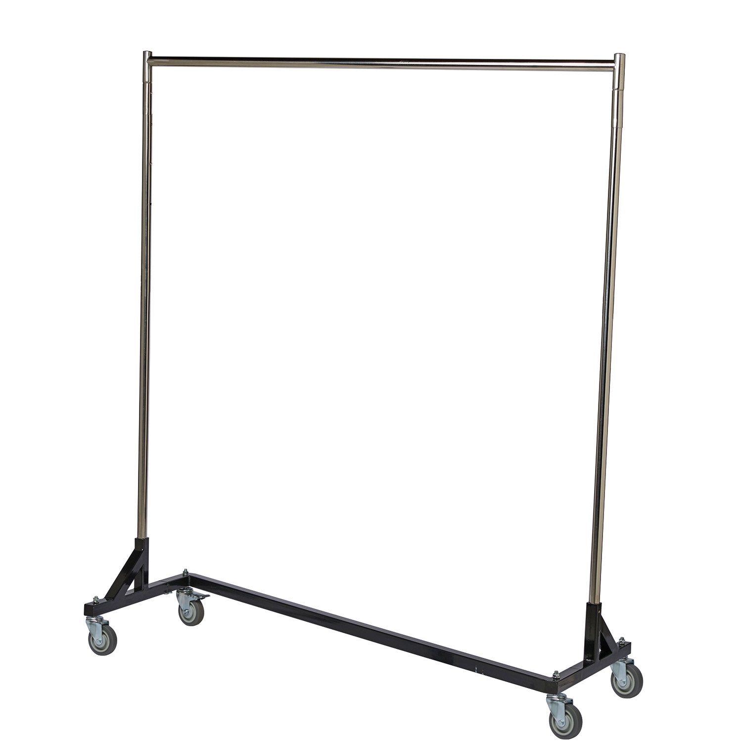 Vivace single-tier Z‑style uniform storage rack with chrome vertical poles, black powder-coated Z-base, and four swivel casters—designed to hold full-length garment bags.