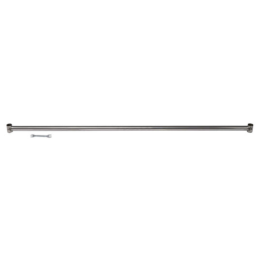 Chrome-finished Z-Rack replacement crossbar measuring approx 47″, straight tubing with end plugs—designed for mounting marching uniform garment bags on Z-style storage racks