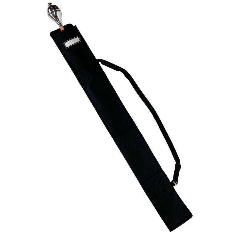 A black deluxe mace bag with a hook and a zippered side pouch, designed to fit up to 60″ macesDeluxe Mace Bag in black padded denier canvas, full-length sleeve holding a mace with metal dome visible at top, adjustable shoulder strap, and side accessory pouch