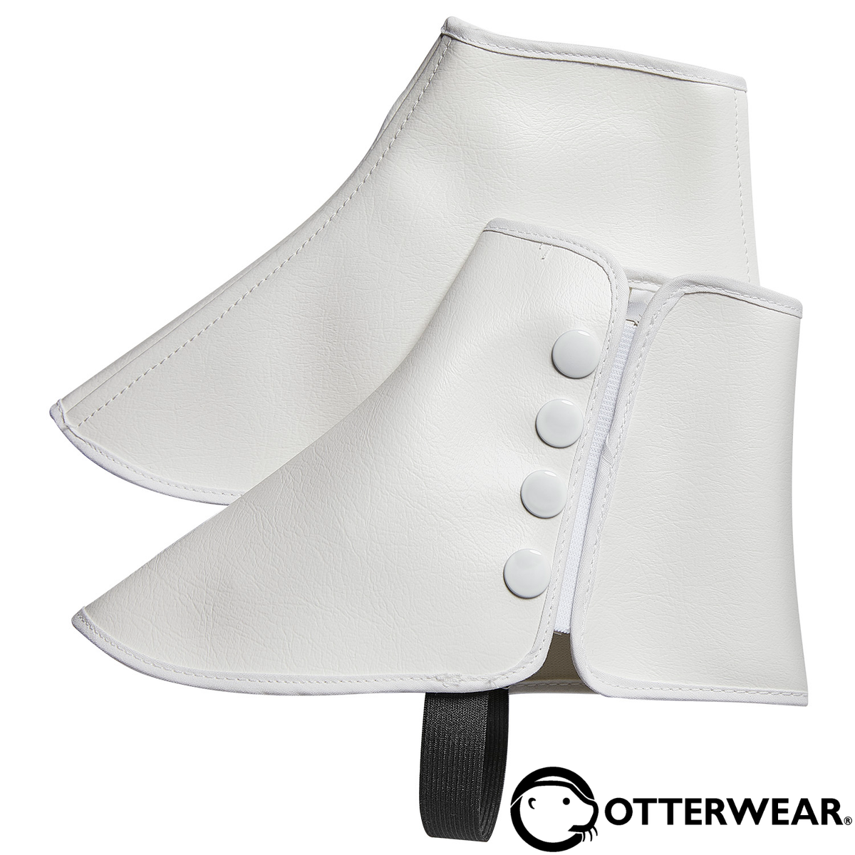 Otterwear spats are made with superior quality white vinyl and bound in white with white snap closure and black elastic.