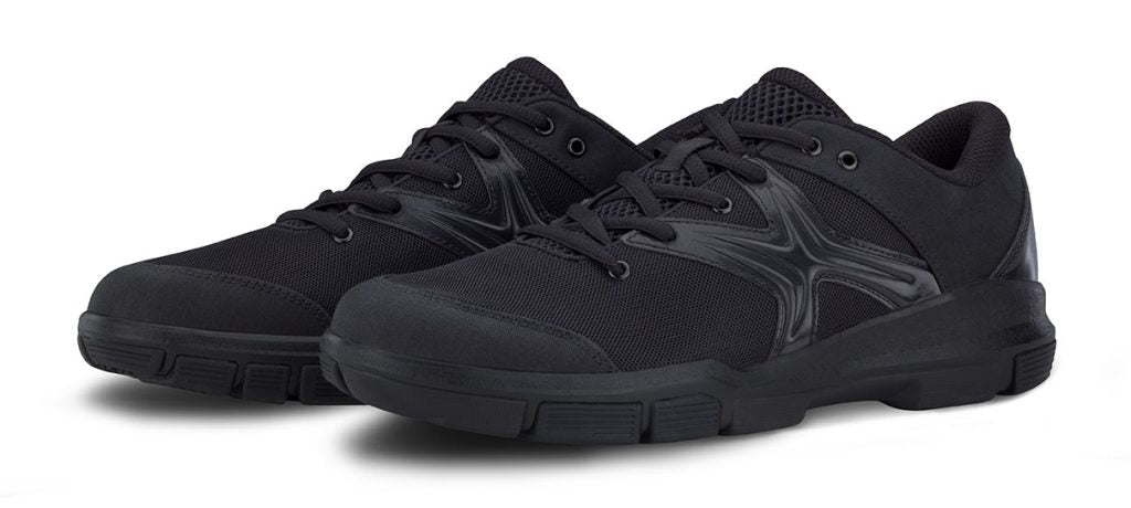 Front/top view of Crossover shoe displaying closed-lace vamp, reinforced toe box, and padded tongue for clean appearance and support in parade formations
