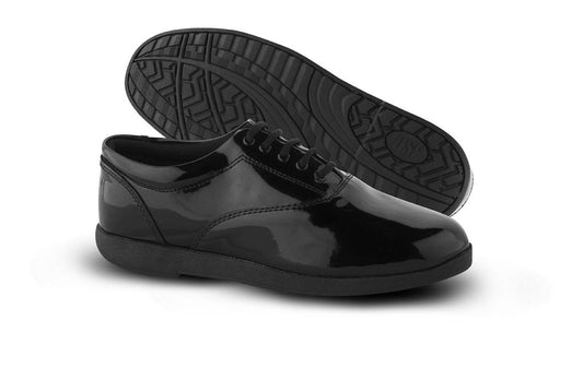Showstopper performance marching shoe in black, featuring breathable mesh upper, reinforced toe cap, cushioned midsole, and athletic silhouette ideal for indoor and outdoor routines. Underside view of Showstopper shoe revealing full rubber outsole with segmented traction pattern and flex grooves engineered for multidirectional grip on turf and stage.