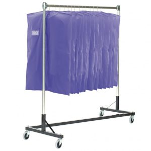 Z‑Style uniform storage rack with chrome uprights and black powder‑coat base, featuring a single hanging bar, 4 heavy‑duty swivel casters—height adjustable up to approximately 67