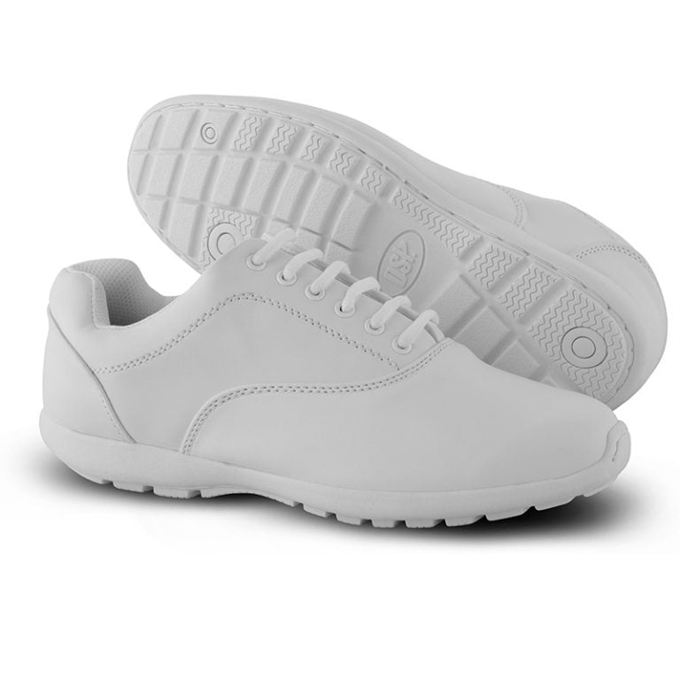 Velocity 1 marching shoe in white featuring sleek leather upper, thin low-profile sole, and curved heel supporting dance-style footwork. Top view of white Velocity 1 marching shoe showing low-profile lacing, padded tongue with stabilizing stitching, and sleek athletic silhouette