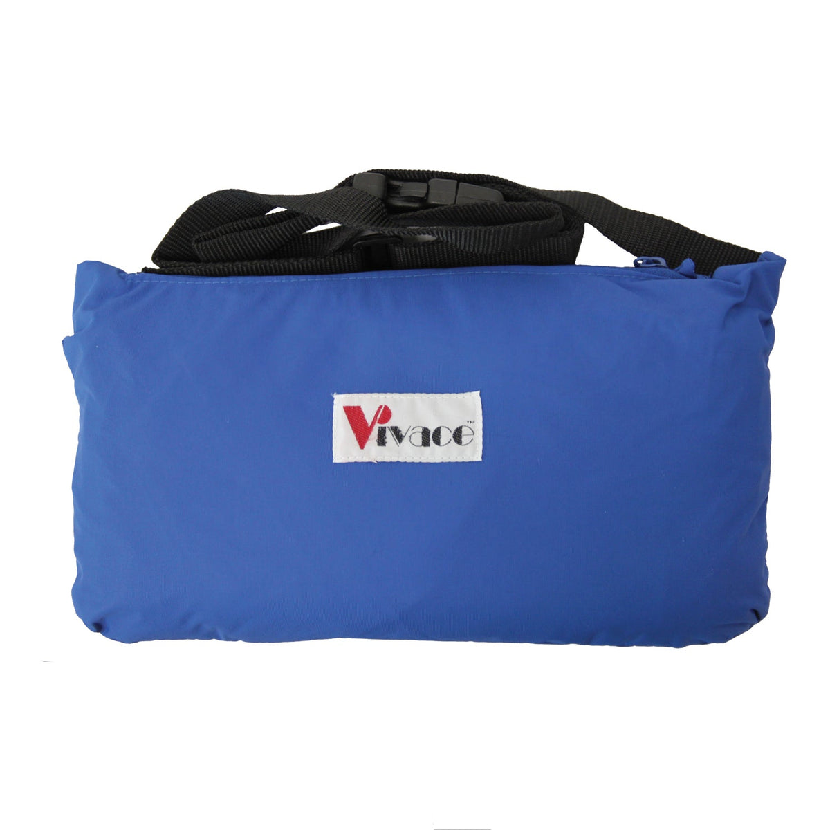 Rolled-up Vivace Dry-Pack raincoat stored in matching royal-blue zip pouch embroidered with ‘Vivace’ logo—compact waterproof packable rainwear with shoulder strap for easy transport.
