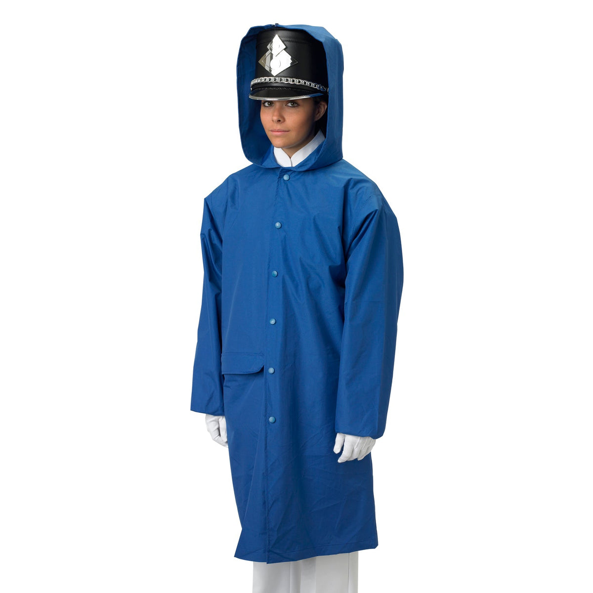 Model wearing royal-blue Vivace Dry-Pack raincoat with roomy hip-length cut, sailor-collar hood, front snap closure, elastic sleeve cuffs, and water-resistant PVC-coated Taslan shell designed to fit over marching uniforms. also available in navy, royal, red, and black