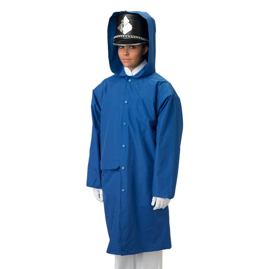 Model wearing royal-blue Vivace Dry-Pack raincoat with roomy hip-length cut, sailor-collar hood, front snap closure, elastic sleeve cuffs, and water-resistant PVC-coated Taslan shell designed to fit over marching uniforms. also available in navy, royal, red, and black