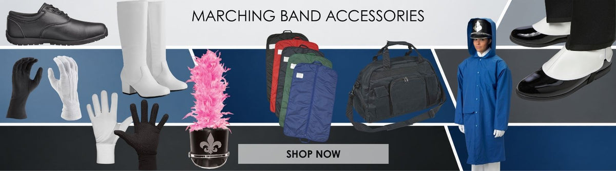 Marching band accessories collection banner featuring shoes, socks, gloves, a pink feather boa, bags, and a blue marching band jacket on a dark blue and gray background with a 'SHOP NOW' button.