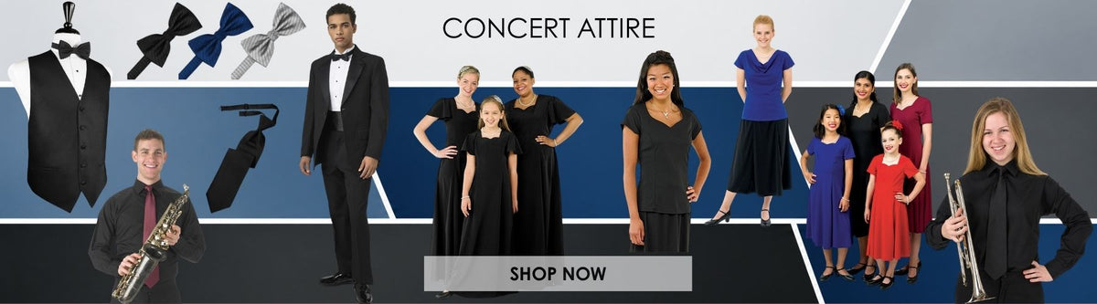 A promotional banner for concert attire featuring multiple models wearing formal black clothing, including tuxedos, dresses, and suits, alongside accessories like bow ties and a trombone. The text 'CONCERT ATTIRE' appears at the top, with a 'SHOP NOW' button at the bottom.