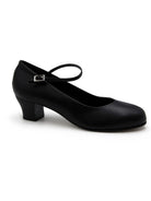 A Black Capezio Character shoe. Black Mia Jr 1.5″ character shoe with PU microfiber upper, leather sole, moderate 1.5″ heel, and V‑vamp buckle strap in studio shot