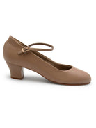 Side profile of Mia Jr 1.5″ caramel character shoe highlighting smooth upper, mid‑height sculpted heel, and clean leather sole.