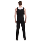 Rear view of BibFlex by DeMoulin black stretch marching band bibbers showcasing tailored fit, discreet rear zipper, and adjustable snap hem for enhanced flexibility and comfort.
