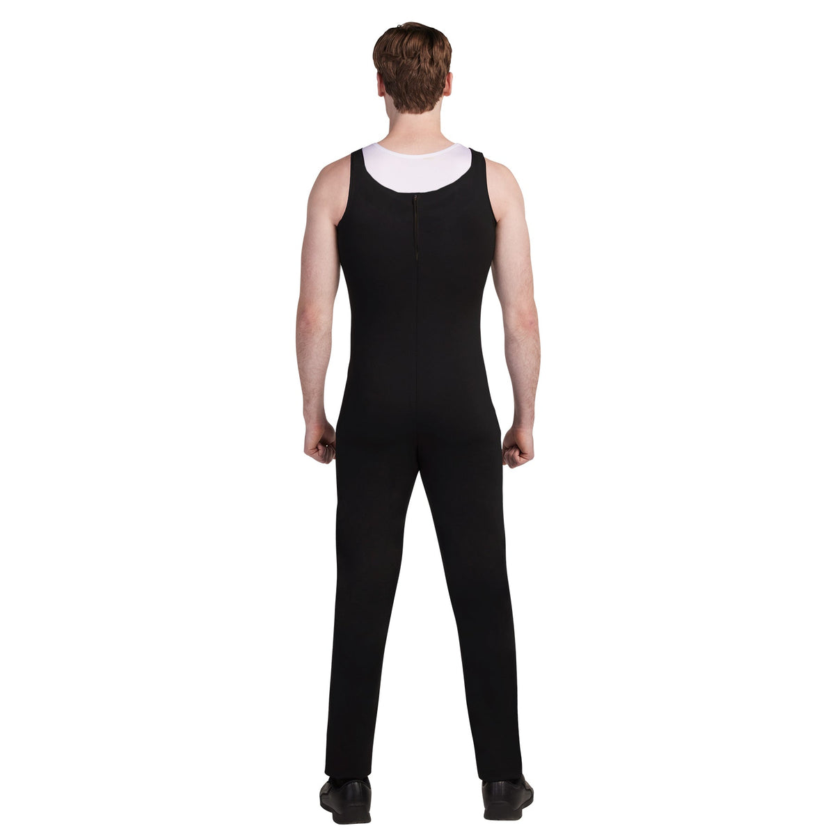 Rear view of BibFlex by DeMoulin black stretch marching band bibbers showcasing tailored fit, discreet rear zipper, and adjustable snap hem for enhanced flexibility and comfort.