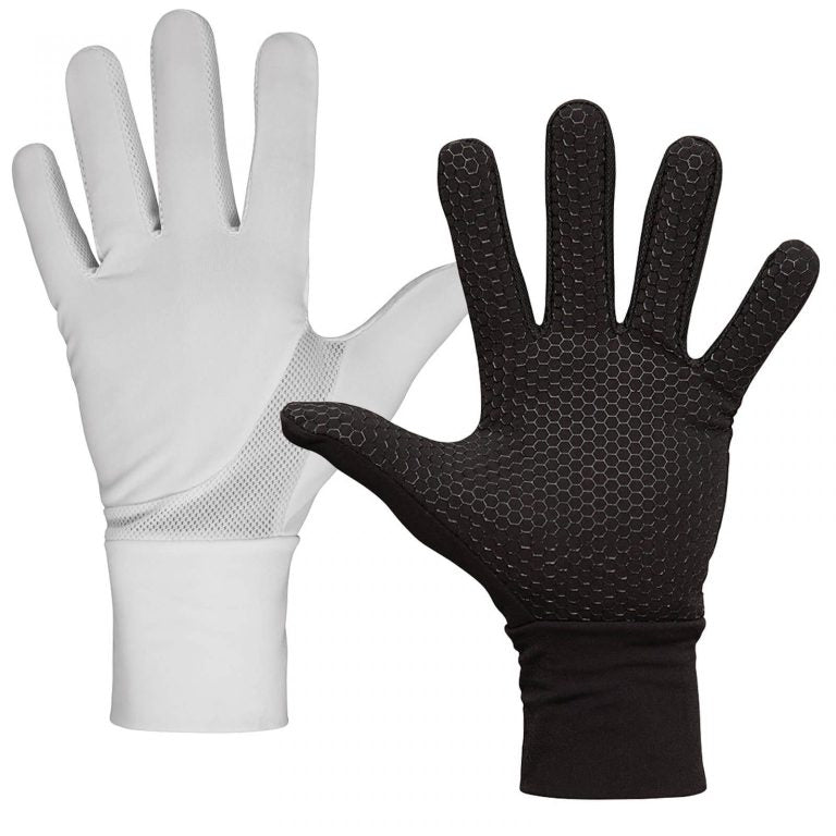Hyperformance full-finger glove in white or black stretch Lycra laid flat, covering all fingers with reinforced synthetic palm patch and elastic cuff designed for better grip and wrist support