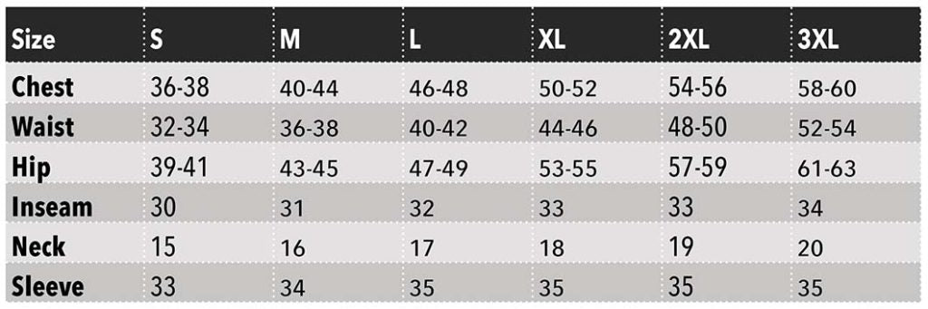 Clothing size chart with measurements for chest, waist, hip, inseam, neck, and sleeve.