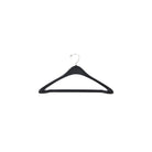Single 17‑inch black plastic hanger with contoured shoulders, chrome swivel hook, and a lower bar equipped with adhesive strip—designed to secure trousers in garment bags or during transport