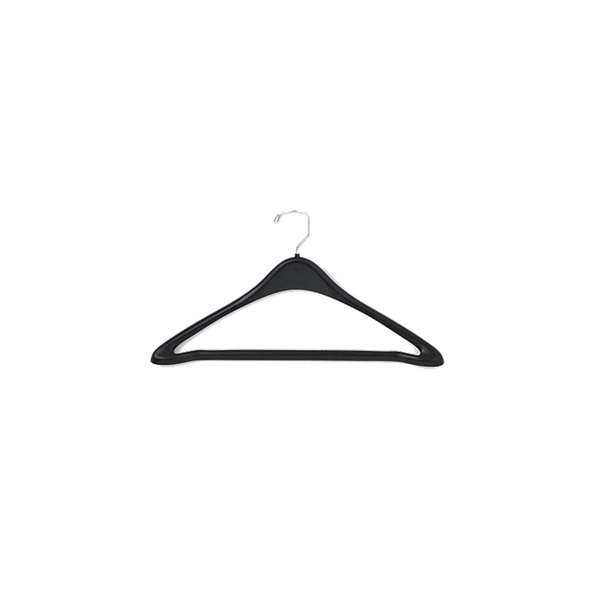 Single 17‑inch black plastic hanger with contoured shoulders, chrome swivel hook, and a lower bar equipped with adhesive strip—designed to secure trousers in garment bags or during transport