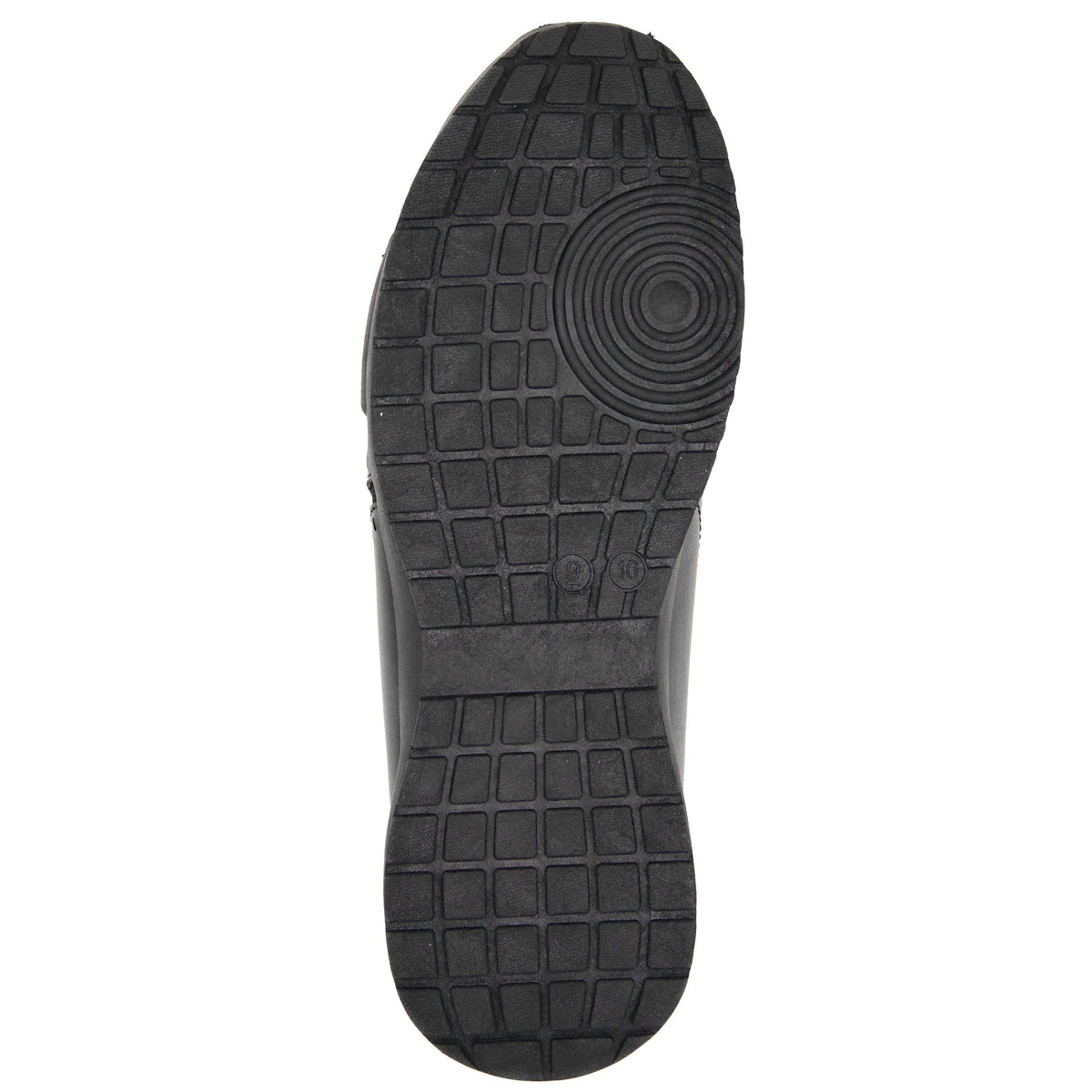 Sole view of Allegro by DeMoulin marching band shoe featuring non-marking rubber outsole with pivot ball, water-evacuation channels, and textured heel zone for traction on wet grass and turf.