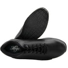 Allegro by DeMoulin black marching band shoe featuring closed‑lace oxford styling, padded mesh tongue, latex heel pod, padded back counter, EVA‑molded arch support, and water‑evacuation outsole with pivot ball for wet grass traction.