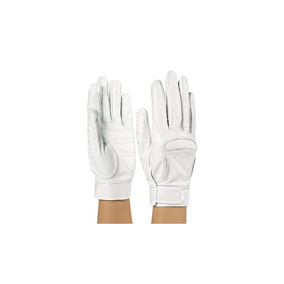 Drum Major Pro Gloves pair in white soft leather with neoprene back panels, featuring reinforced palm stitching, articulated finger seams, and adjustable hook‑and‑loop wrist strap for secure fit.