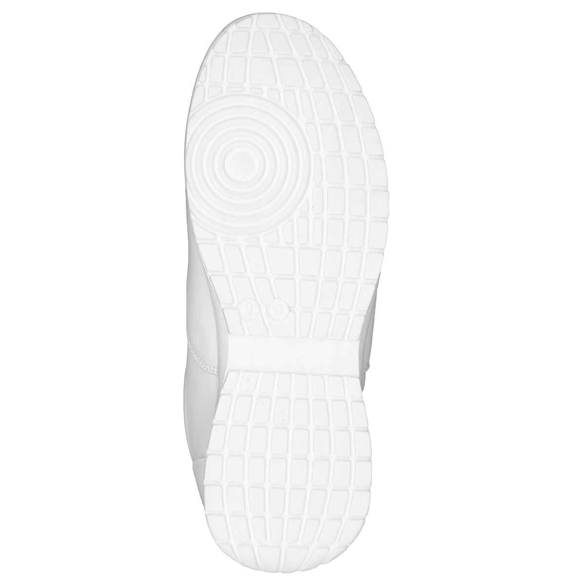 Sole view of white Fanfare marching shoe showing non‑marking rubber outsole with pivot ball, water‑evacuation divots, and extra stitching at toe and heel for secure grip on turf and wet surfaces