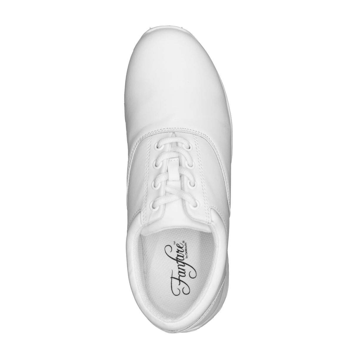 op-down view of white Fanfare shoe showing closed-lace oxford design, padded mesh tongue with lace keeper, clean toe box, and streamlined collar