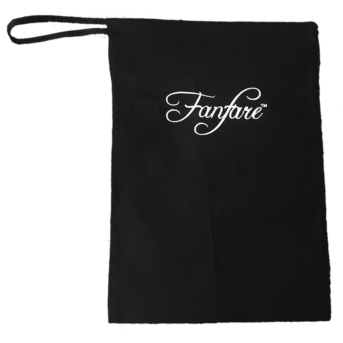 Black canvas dust bag with white ‘Fanfare™’ logo included for shoe storage and protection