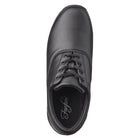 Fanfare by DeMoulin black marching band shoe showing crisp oxford lines, secure lace keeper, clean toe box, and breathable padded collar.