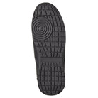 Sole view of black Fanfare marching shoe featuring non-marking rubber outsole, pivot ball disc, water-evacuation channels, and reinforced heel zone for traction