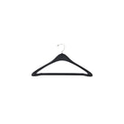 A single 19-inch black plastic hanger featuring contoured shoulders, a durable chrome swivel hook, and a flat lower bar with adhesive backing—ideal for securing pants in garment bags during travel.