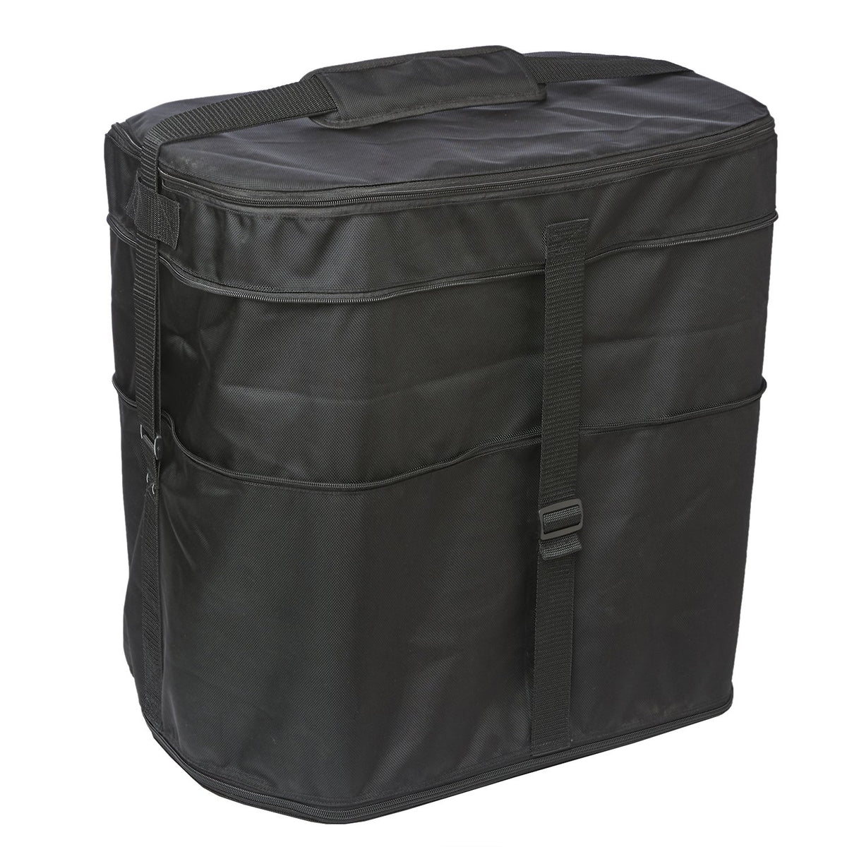 Black Vivace Deluxe plume bag in padded 1680‑denier nylon, zippered top closure, adjustable shoulder strap and reinforced top handle—designed for structured plume storage.