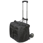 Silver aluminum and black-plastic plume cart with telescoping handle, two 8″ wheels, and elastic bungee cord to secure plume bags—designed for easy transport of color guard equipment