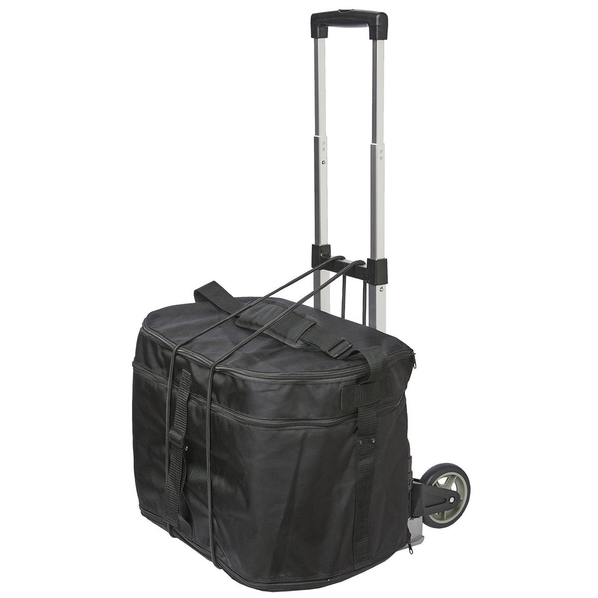 Silver aluminum and black-plastic plume cart with telescoping handle, two 8″ wheels, and elastic bungee cord to secure plume bags—designed for easy transport of color guard equipment
