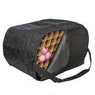 Deluxe plume bag opened to reveal 18 honey‑comb tubes securely fitted inside, with three pink plumes inserted—constructed to protect and separate plume feathers